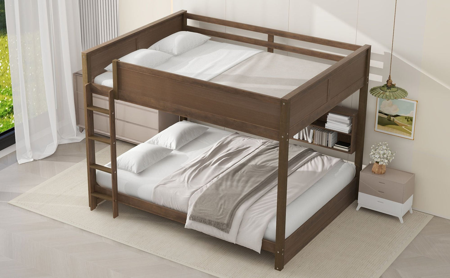 Shared Room Solution Queen Over Queen Wood Bunk Bed with Storage Cabinets and USB Ports, Natural | Just Better Bunk Beds