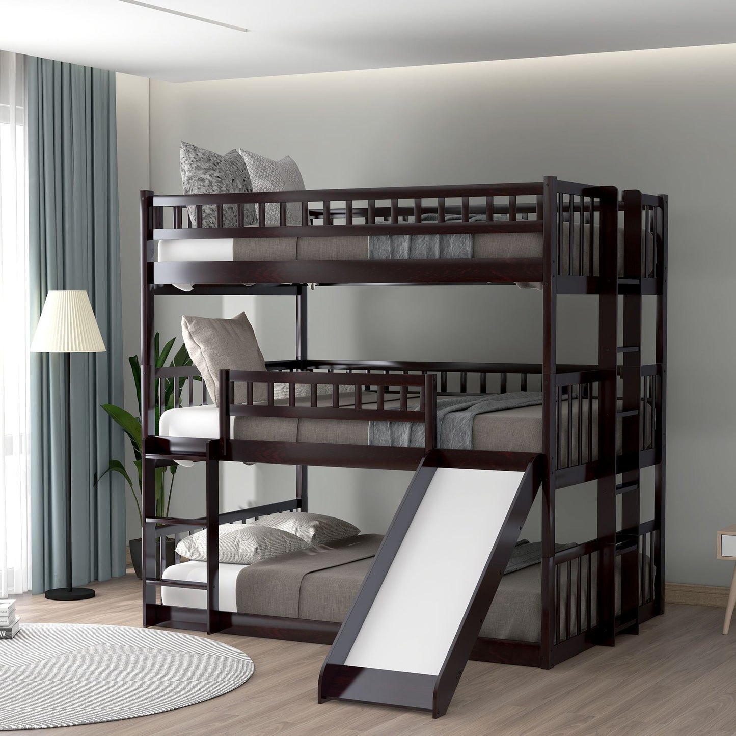 Shared Room Solution Full Over Full Over Full Wood Triple Bunk Bed with Ladder, Slide, Guardrails, Espresso | Just Better Bunk Beds
