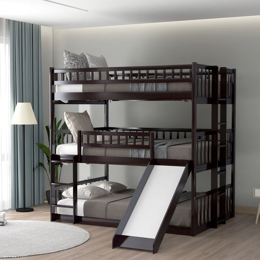 Shared Room Solution Full Over Full Over Full Wood Triple Bunk Bed with Ladder, Slide, Guardrails, Espresso | Just Better Bunk Beds