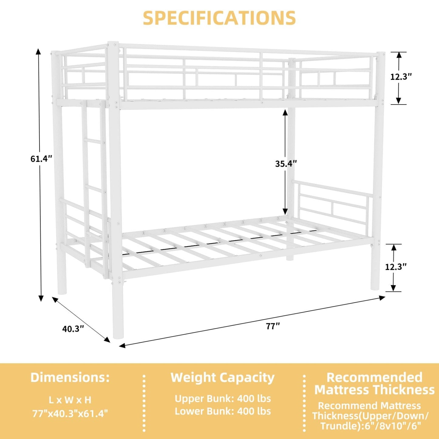 Convertible Twin Over Twin Metal Bunk Bed with Ladder and Guardrail, Metal | Just Better Bunk Beds