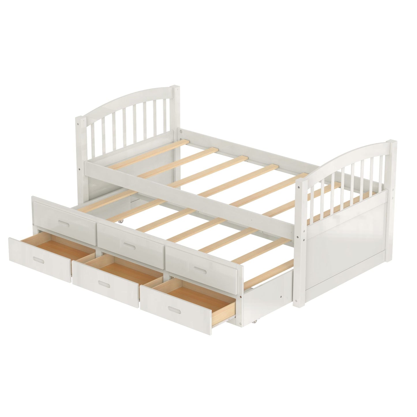 Space-Saving Twin Over Twin Wood Bunk Bed with Trundle and Drawers, White | Just Better Bunk Beds
