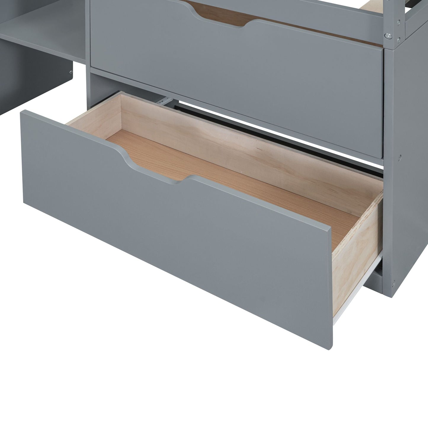 Space-Saving Twin Low Loft Wood Bed with Rolling Desk, Shelf, Drawers, White | Just Better Bunk Beds