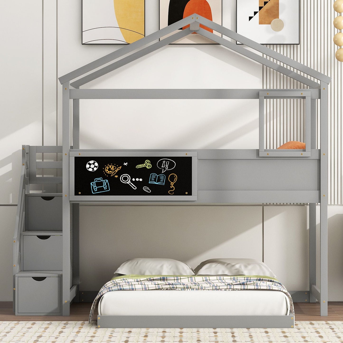Staircase Storage Twin Over Full Wood House Bunk Bed with Blackboard, Gray and White | Just Better Bunk Beds