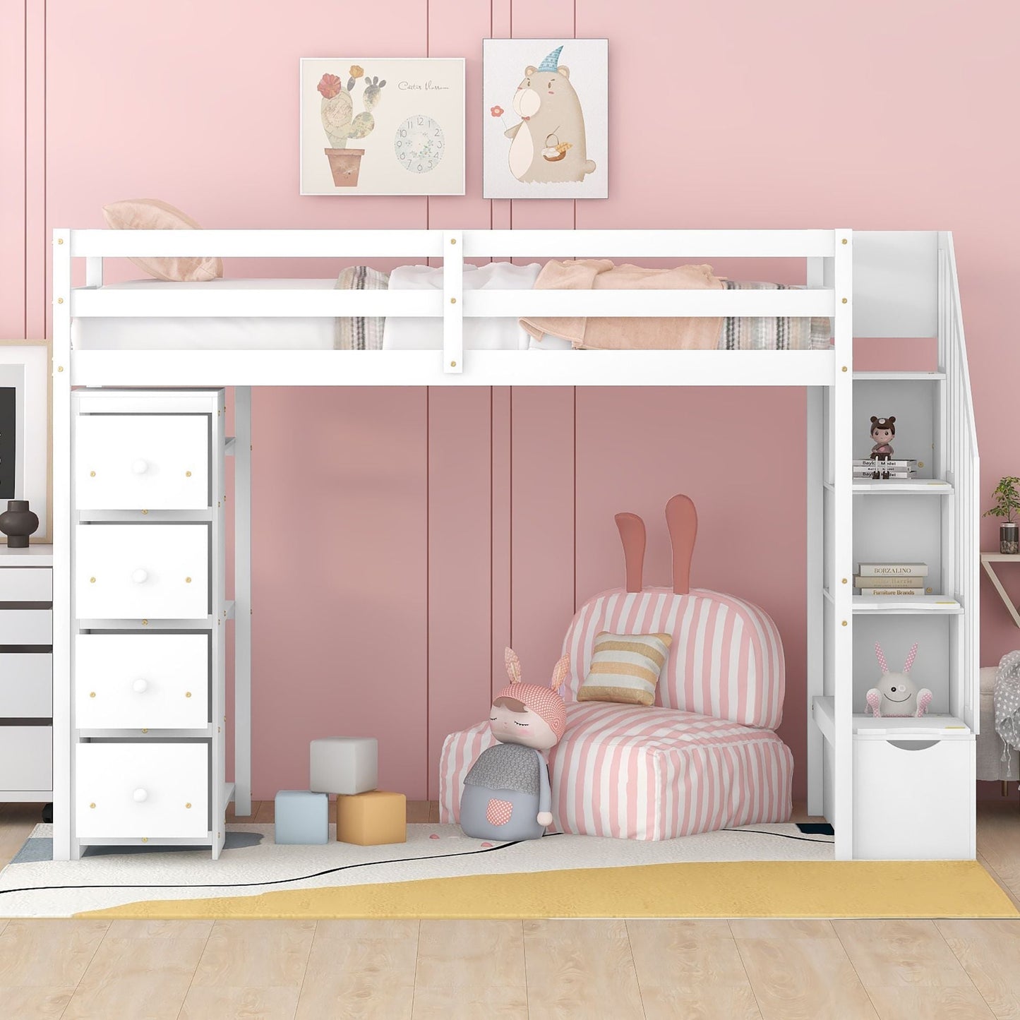 Kids Bedroom Twin Wood Loft Bed with Storage Drawers and Stairs, Espresso | Just Better Bunk Beds