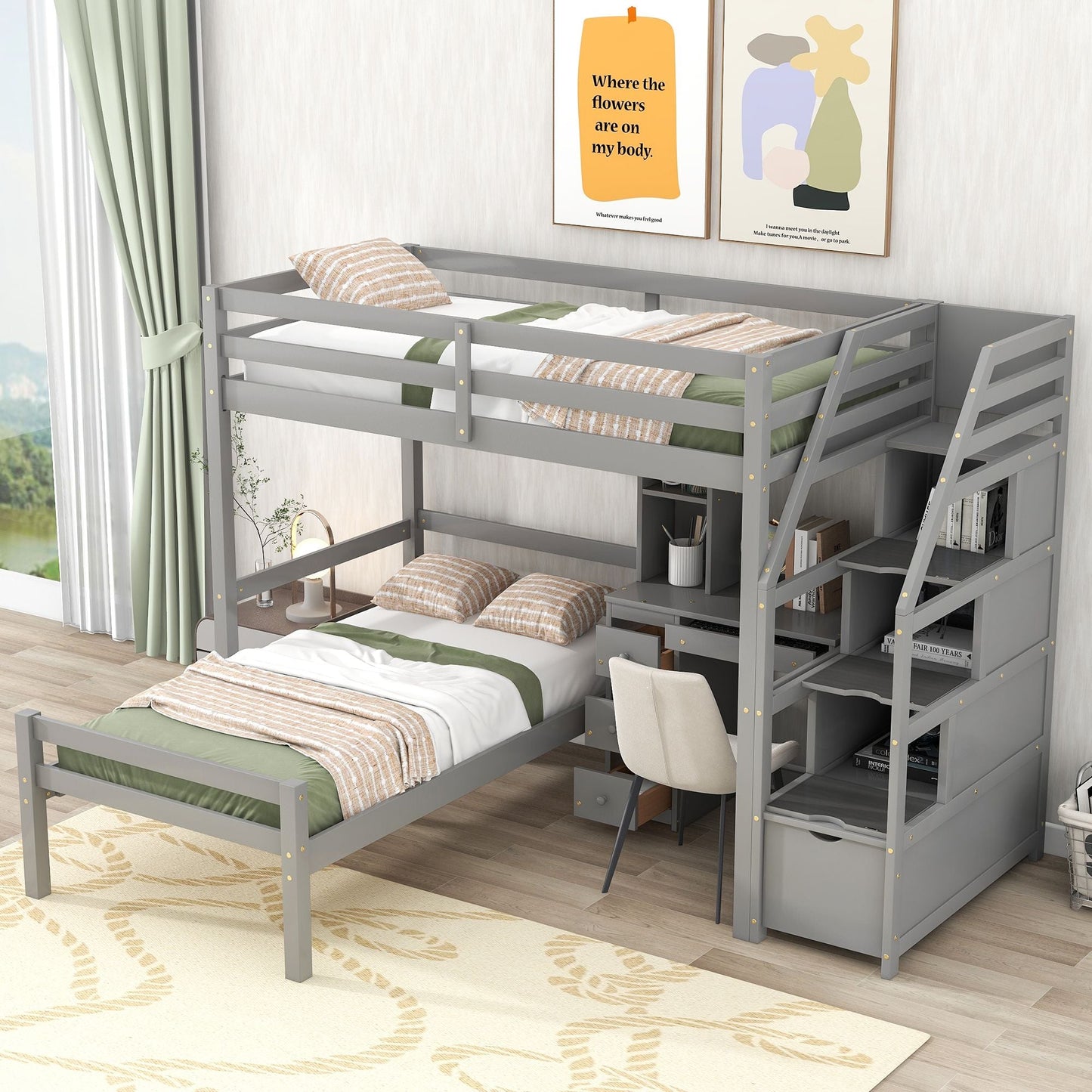 Space-Saving Twin Wood Loft Bed with Stand-Alone Bed, Storage Staircase, Desk, Shelves and Drawers, White | Just Better Bunk Beds