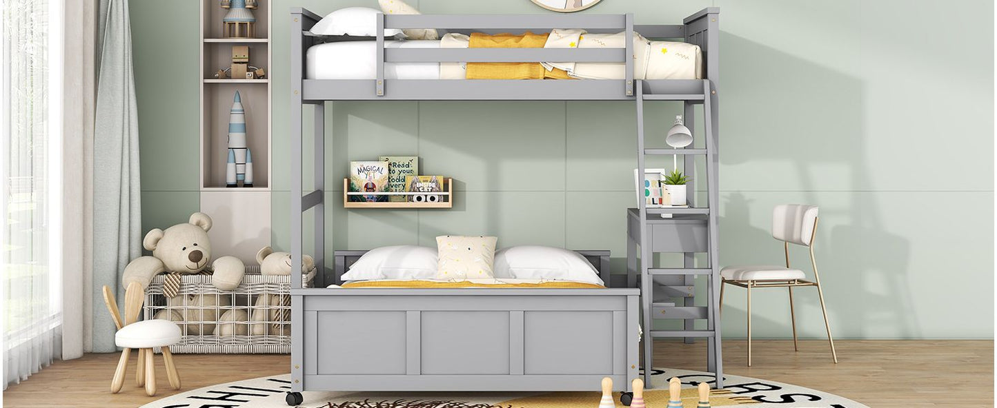 Twin Over Full Bunk Bed with Desk,  Gray