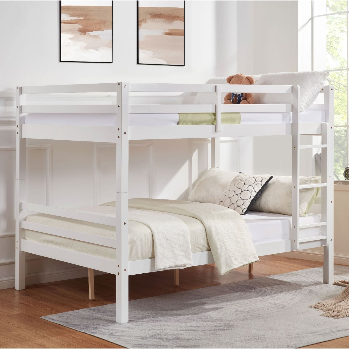Kids Bedroom Full Over Full Wood Bunk Bed with Thick Posts, High Guardrail, Ladder, White | Just Better Bunk Beds