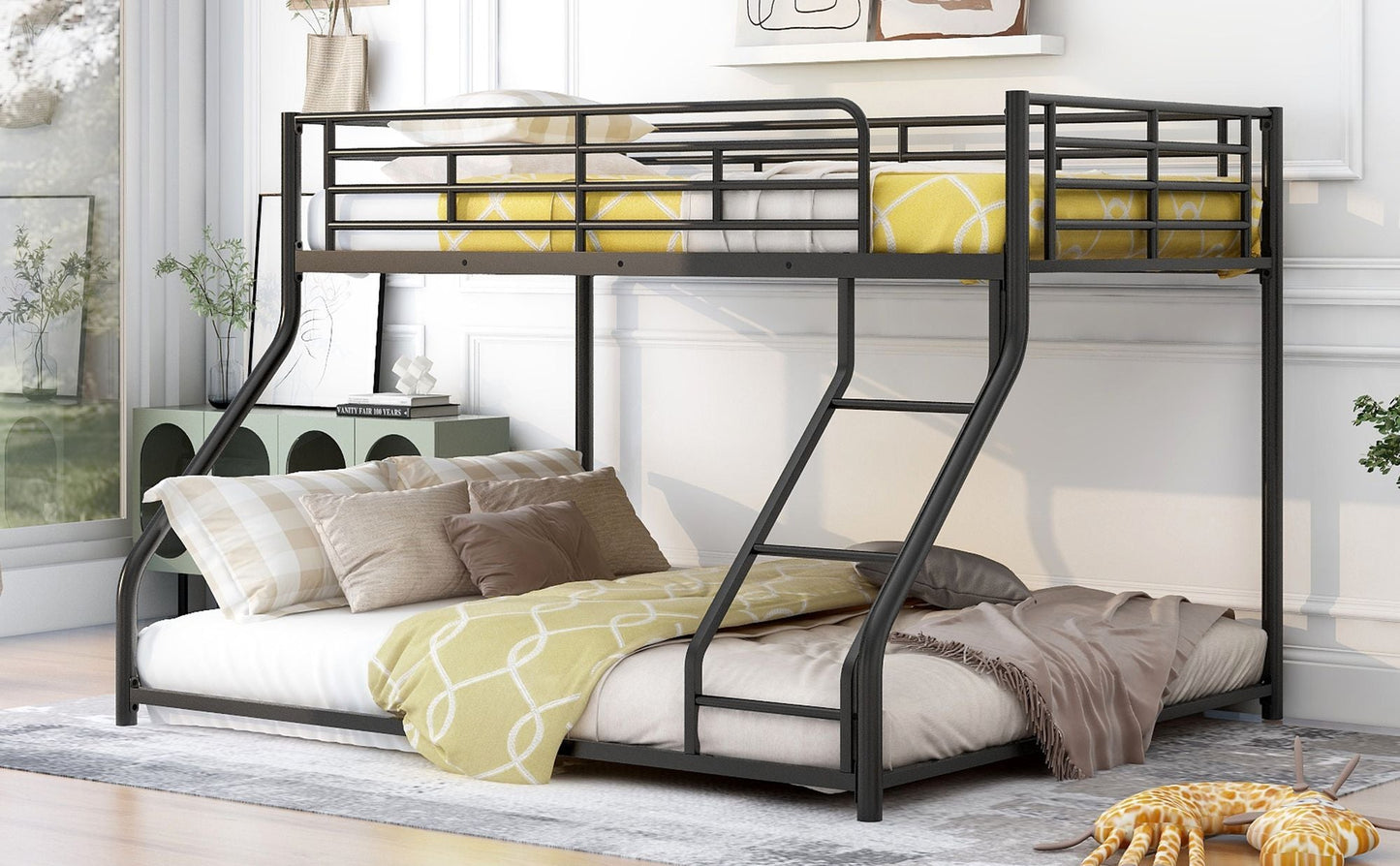 Space-Saving Twin XL Over Queen Metal Floor Bunk Bed, Black | Just Better Bunk Beds