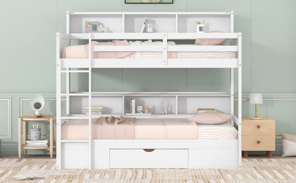 Shared Room Solution Twin Wood Bunk Bed with Built-In Shelves and Storage, White | Just Better Bunk Beds