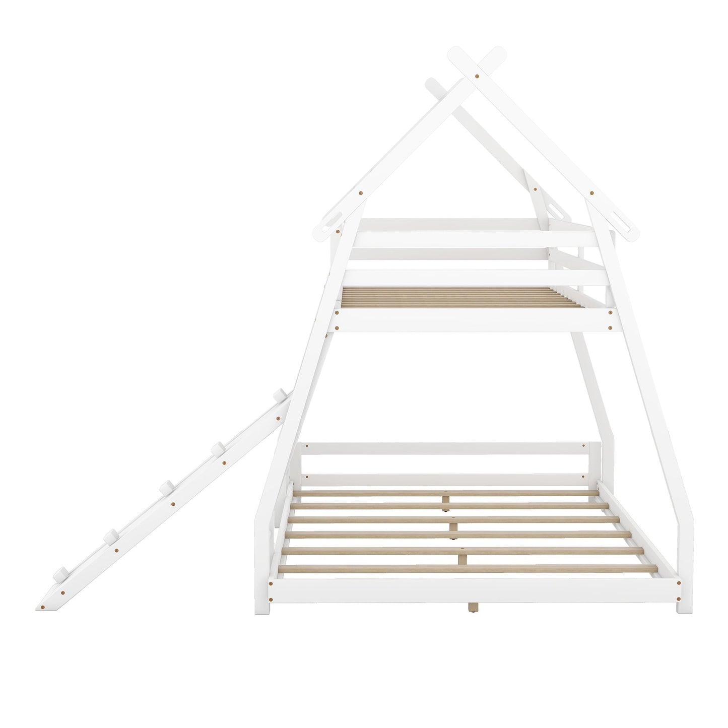 House-Style Twin Over Queen Wood Bunk Bed with Climbing Nets and Ramp, White | Just Better Bunk Beds