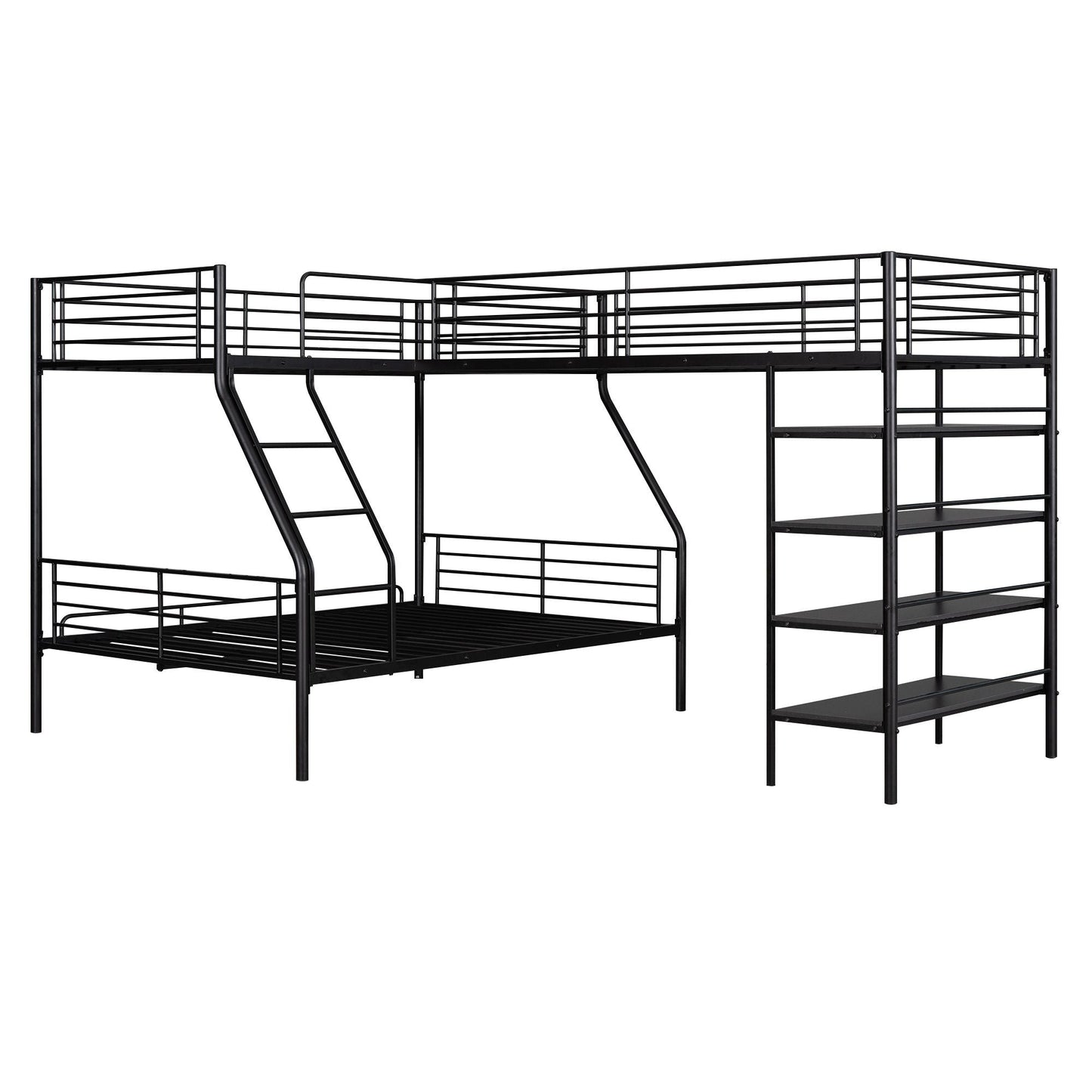 L-Shaped Metal Twin Over Full Bunk Bed and Loft Bed with Built-in Shelves, Black | Just Better Bunk Beds