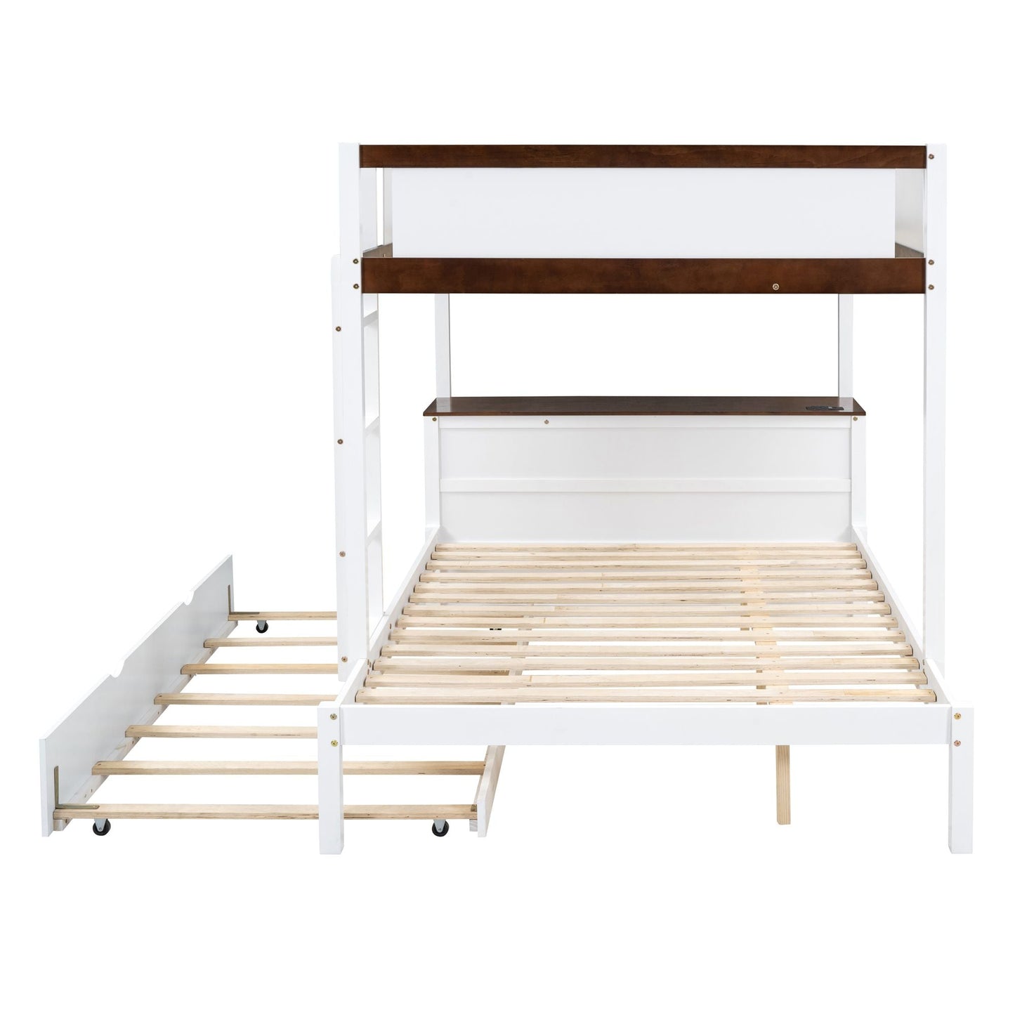 Shared Room Solution Full Over Full Wood Bunk Bed with Twin Trundle, Storage, Desk, White Walnut | Just Better Bunk Beds
