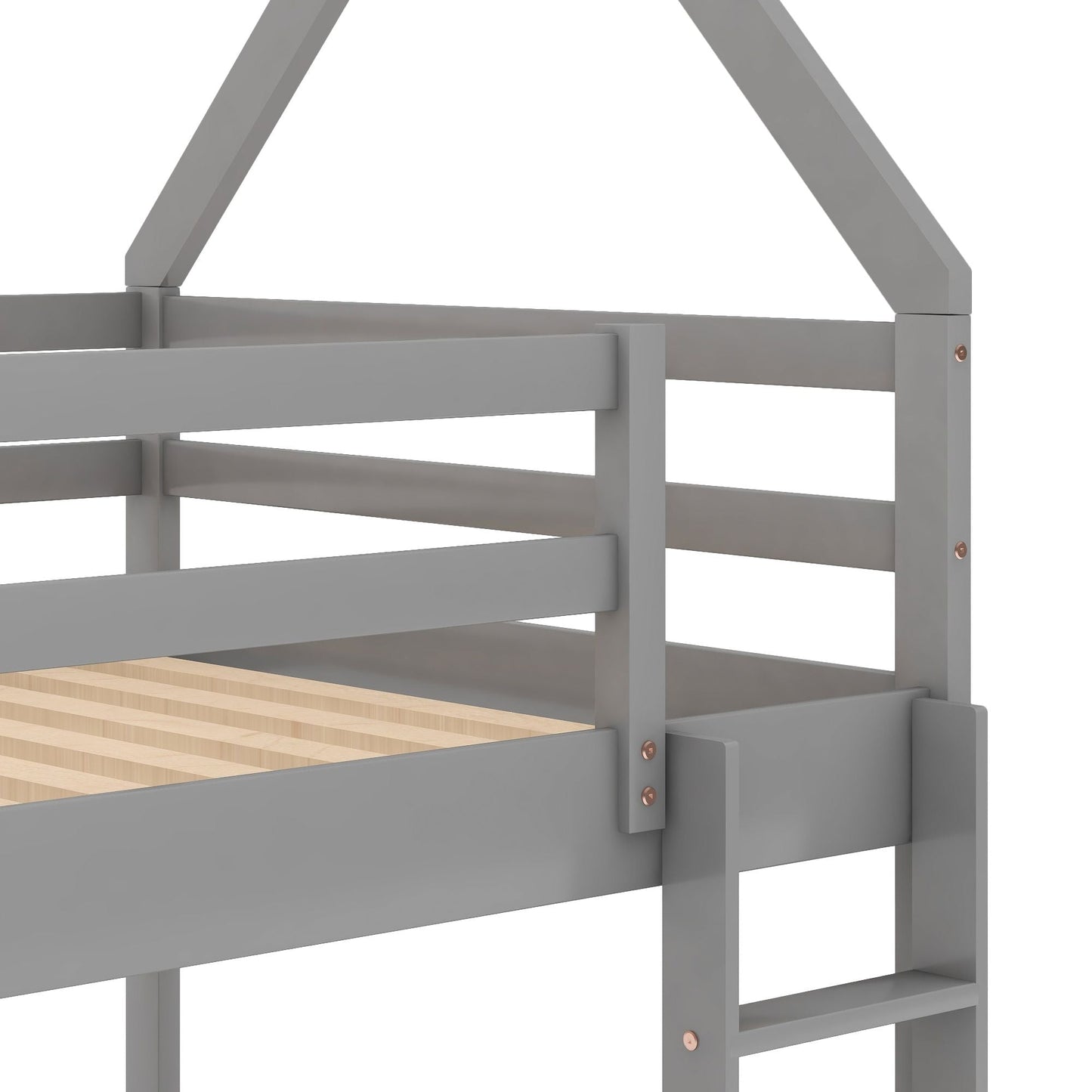 House-Style Twin Over Twin Low Wood Bunk Bed with Ladder, Gray | Just Better Bunk Beds