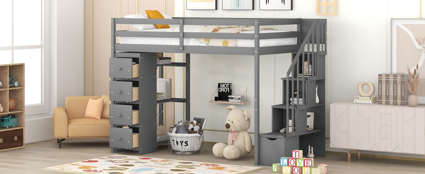 Kids Bedroom Twin Wood Loft Bed with Storage Drawers and Stairs, Espresso | Just Better Bunk Beds
