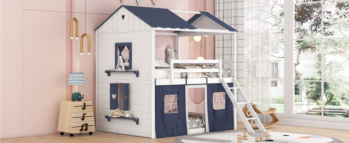 Kids Bedroom Full Wood House-Style Bunk Bed with Windows and Tent, Blue White | Just Better Bunk Beds