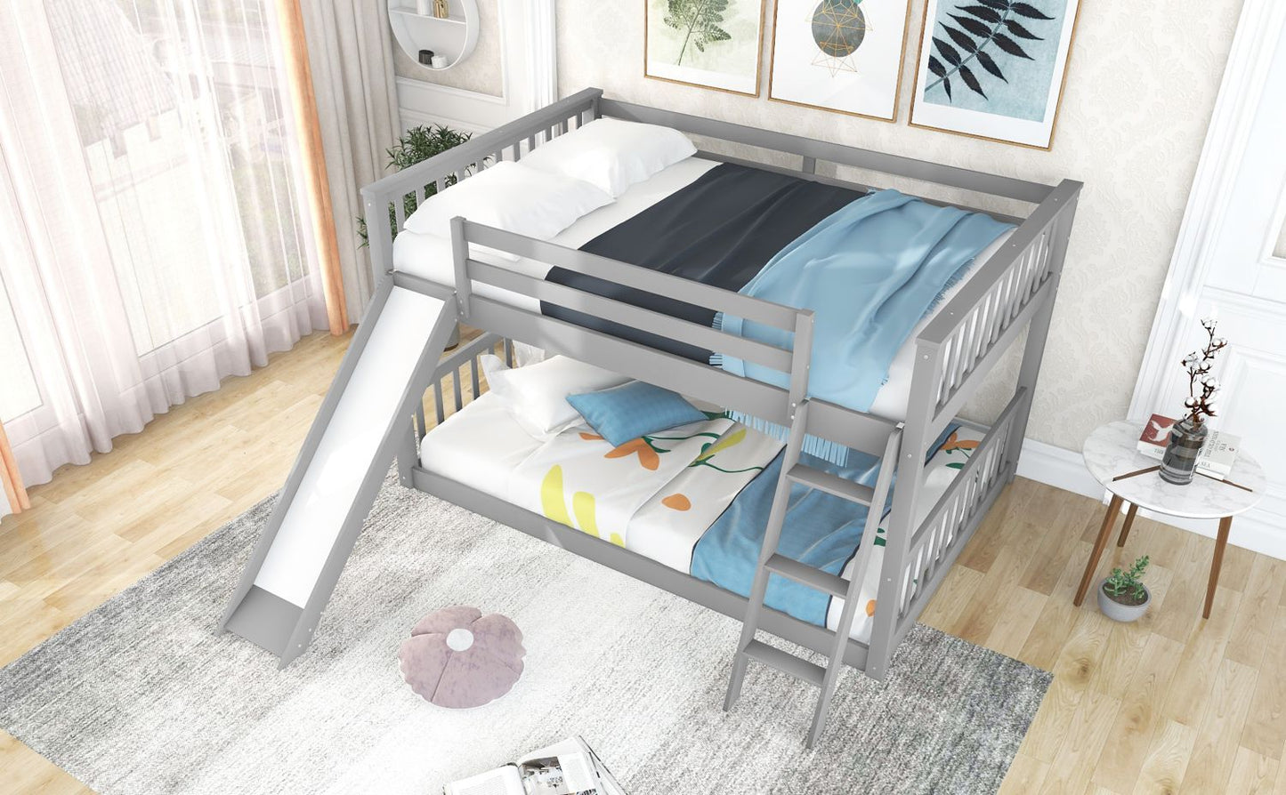 Fun Convertible Slide Full Over Full Wood Bunk Bed, Gray | Just Better Bunk Beds