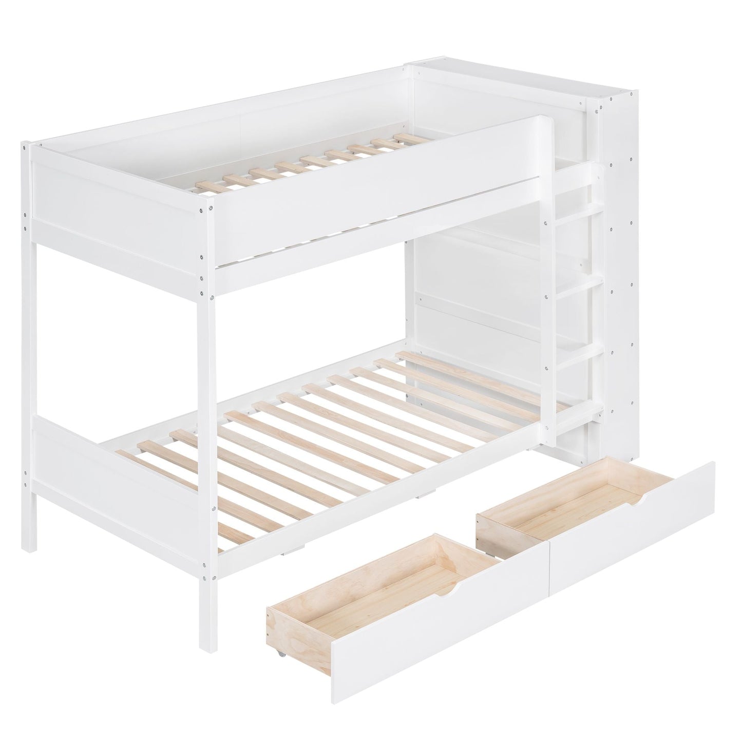 Storage Twin Over Twin Wood Bunk Bed with 2 Drawers and Multi-Layer Cabinet, White | Just Better Bunk Beds