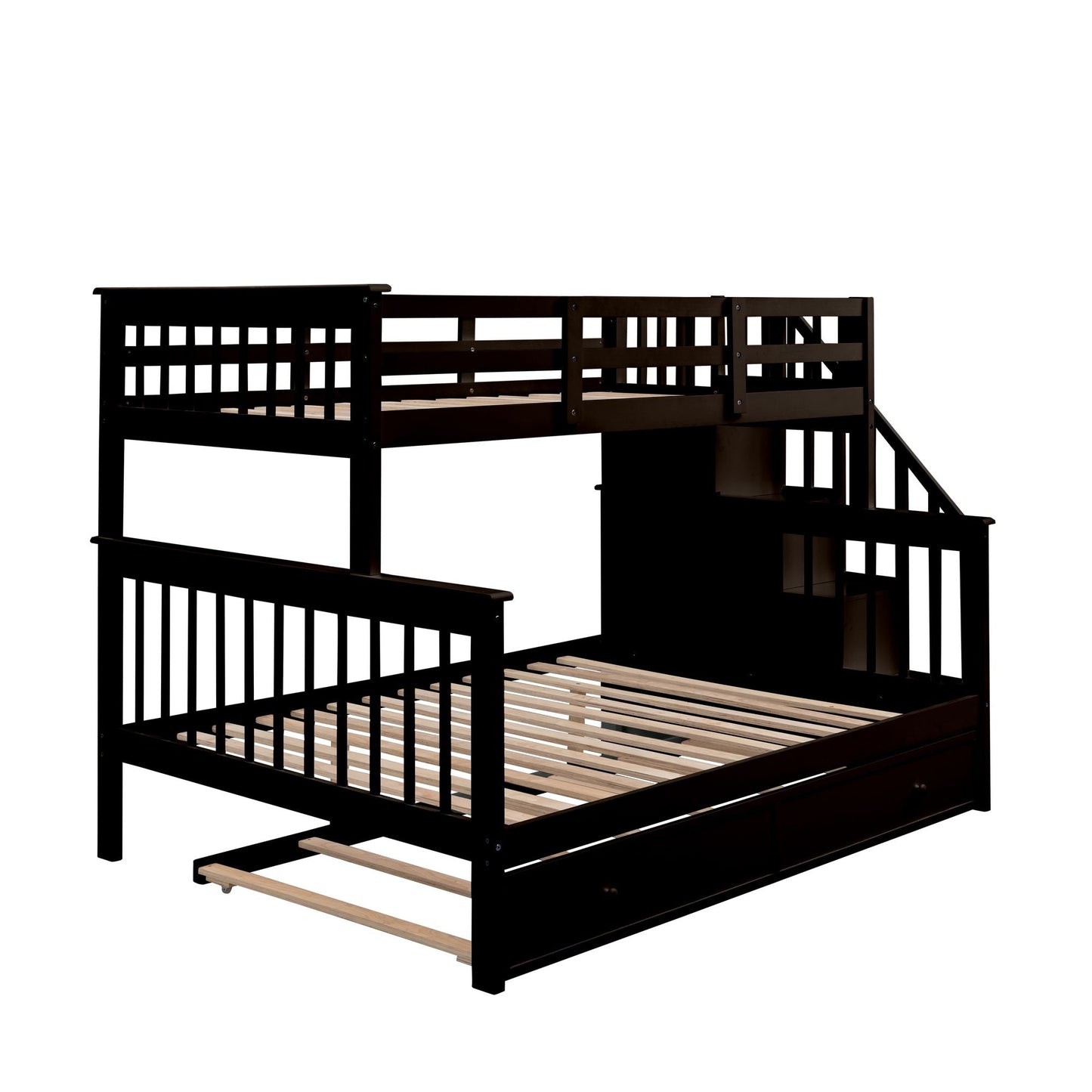 Twin-Over-Full Bunk Bed with Twin size Trundle,  Storage and Guard Rail for Bedroom,  Dorm,  for Adults,  Espresso