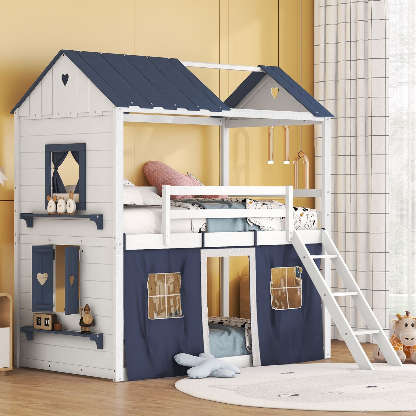 House-Style Twin Wood Bunk Bed with Elegant Windows, Sills, Tent, Blue and White | Just Better Bunk Beds
