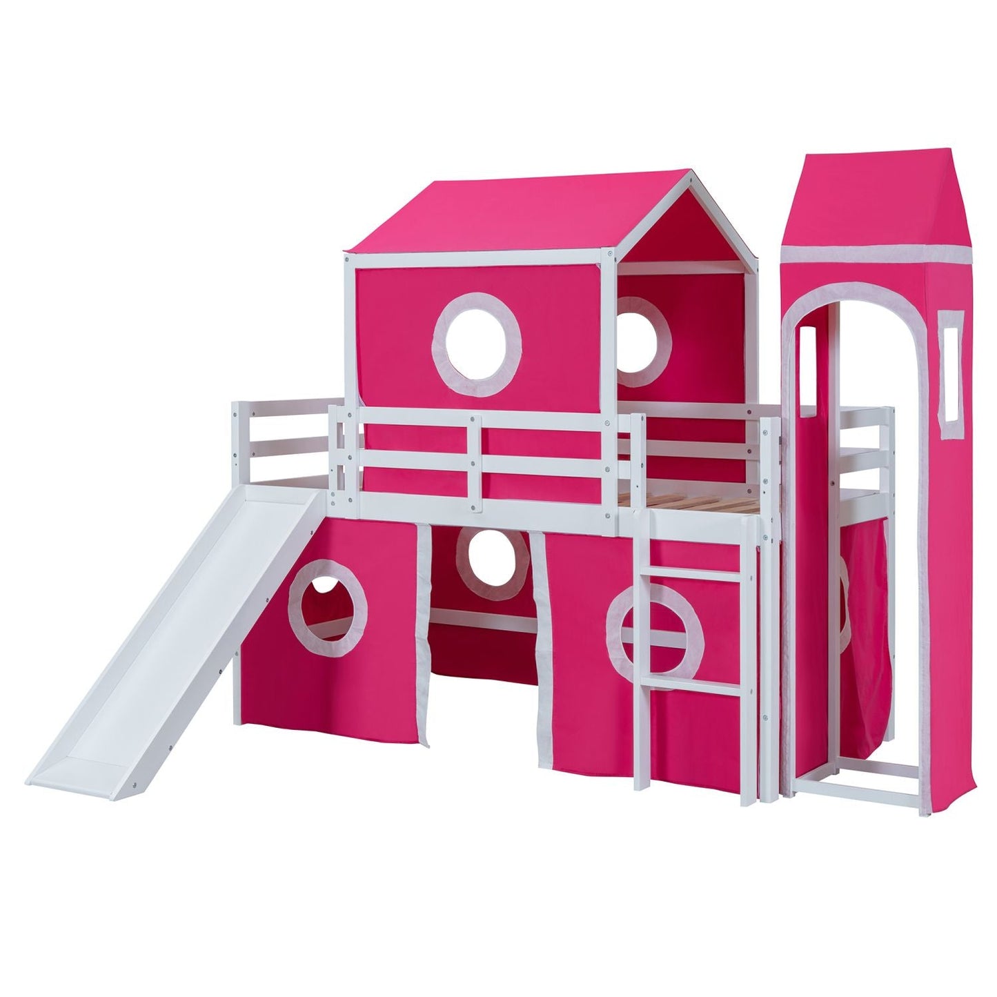 Kids Bedroom Twin Loft Bed with Slide, Pink Tent and Tower, Pink Wood | Just Better Bunk Beds