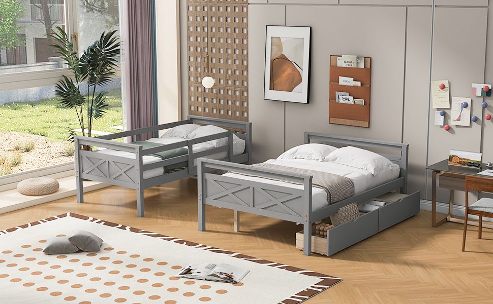 Heavy-Duty Twin Over Full Wood Bunk Bed with Ladder, Storage Drawers, Safety Guardrail, Gray | Just Better Bunk Beds