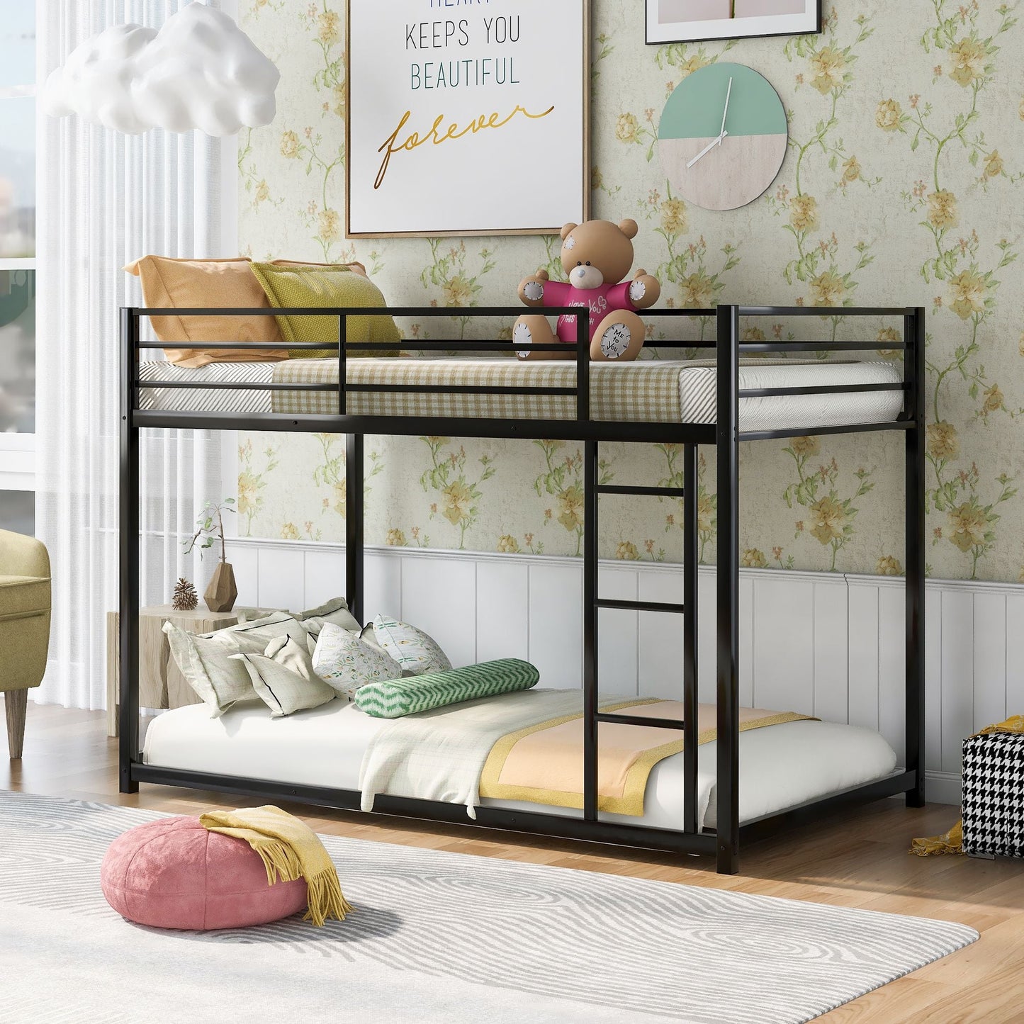 Low Profile Twin Over Twin Metal Bunk Bed with Ladder, White | Just Better Bunk Beds