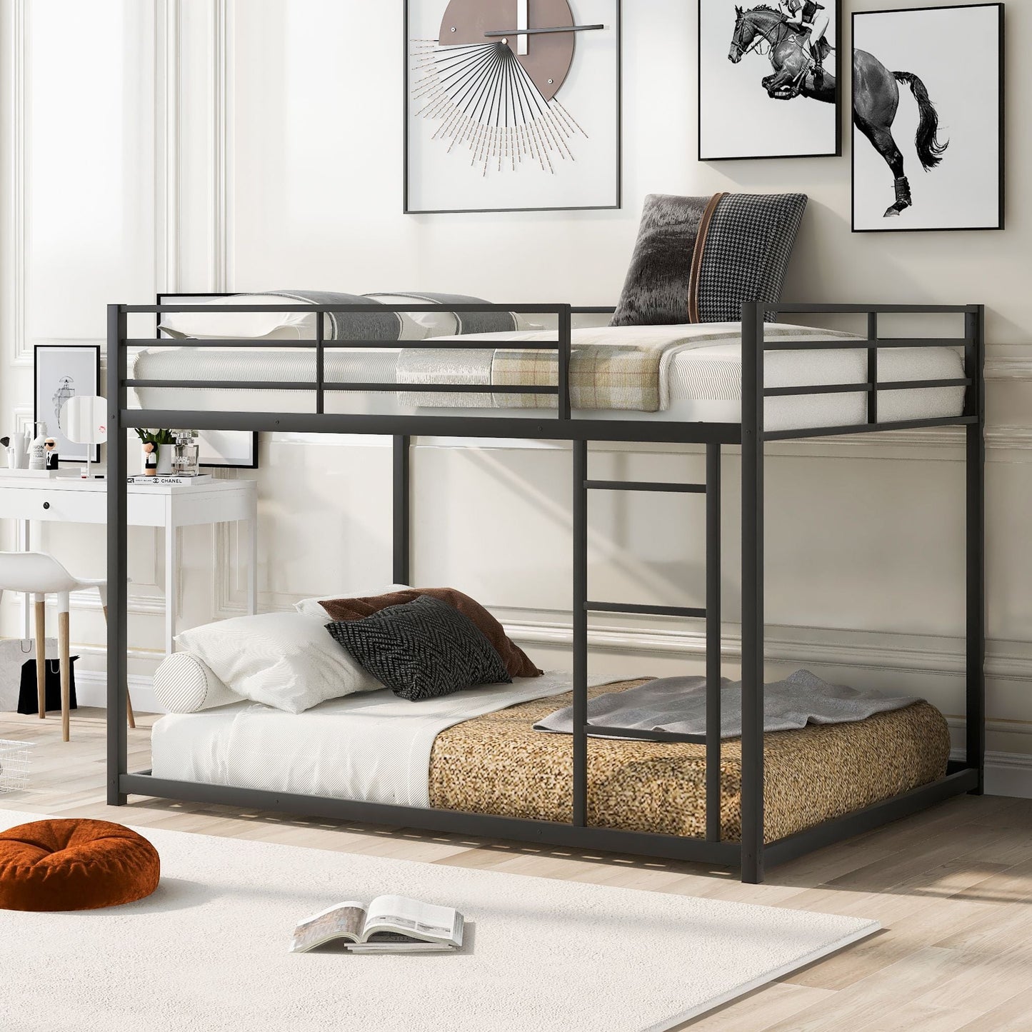 Space-Saving Low Full Over Full Metal Bunk Bed with Ladder, Black | Just Better Bunk Beds