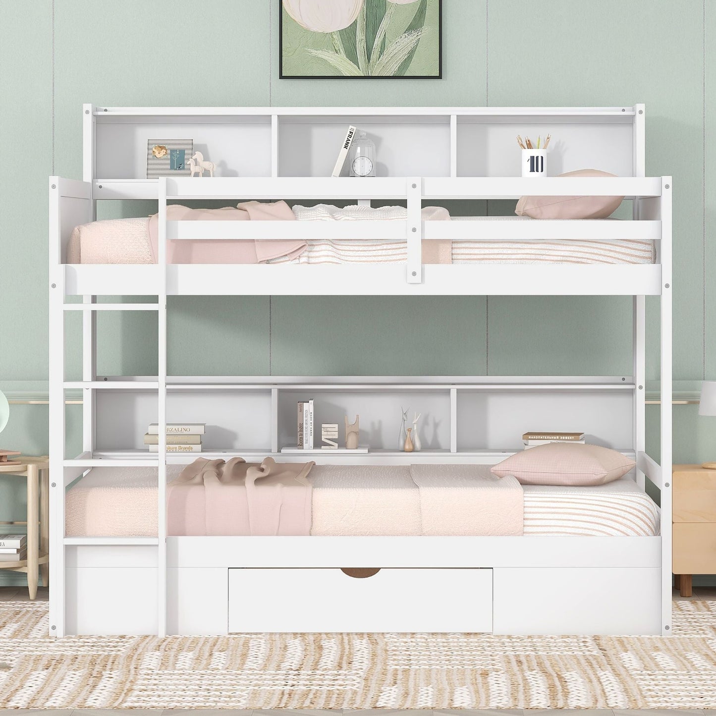 Shared Room Solution Twin Wood Bunk Bed with Built-In Shelves and Storage, White | Just Better Bunk Beds