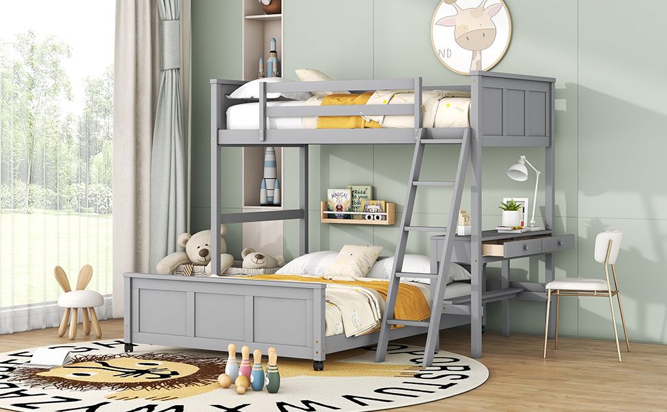 Twin Over Full Bunk Bed with Desk,  Gray