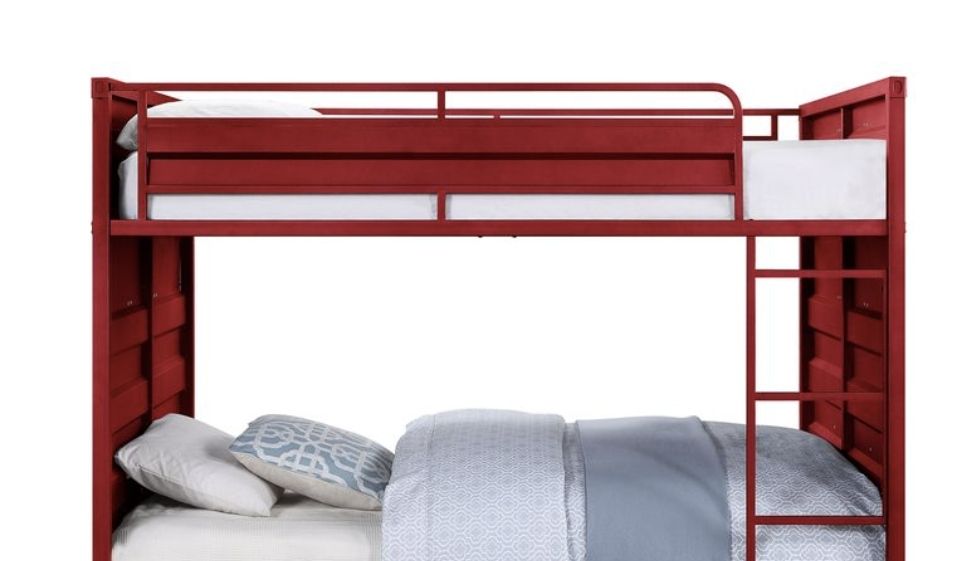 Kids Bedroom Full Over Full Wood Bunk Bed, Red Cargo Finish | Just Better Bunk Beds