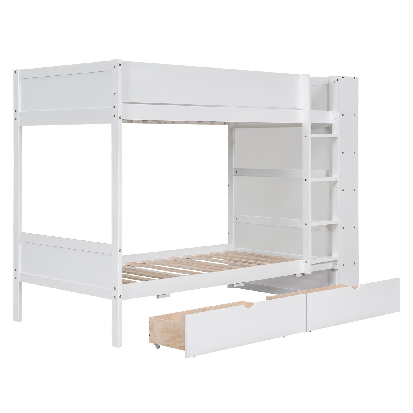 Storage Twin Over Twin Wood Bunk Bed with 2 Drawers and Multi-Layer Cabinet, White | Just Better Bunk Beds