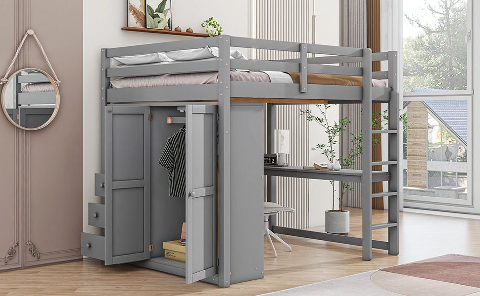 Space-Saving Full Wood Loft Bed with Built-in Wardrobe, Desk & Storage, Gray | Just Better Bunk Beds