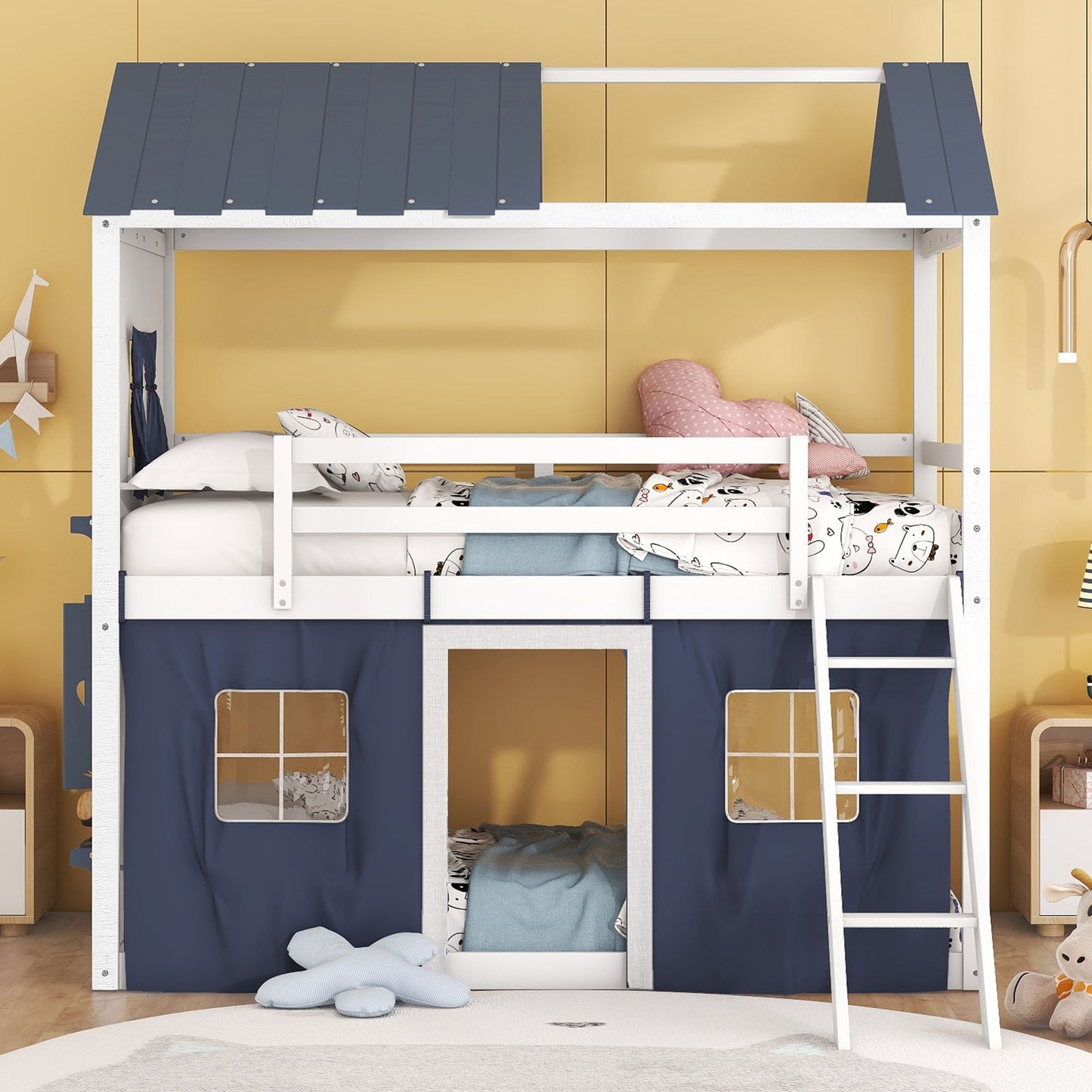 House-Style Twin Wood Bunk Bed with Elegant Windows, Sills, Tent, Blue and White | Just Better Bunk Beds