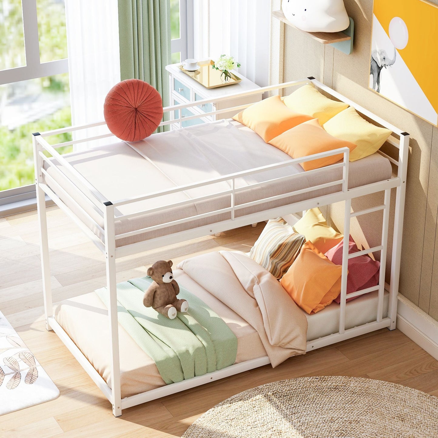 Low Profile Twin Over Twin Metal Bunk Bed with Ladder, White | Just Better Bunk Beds