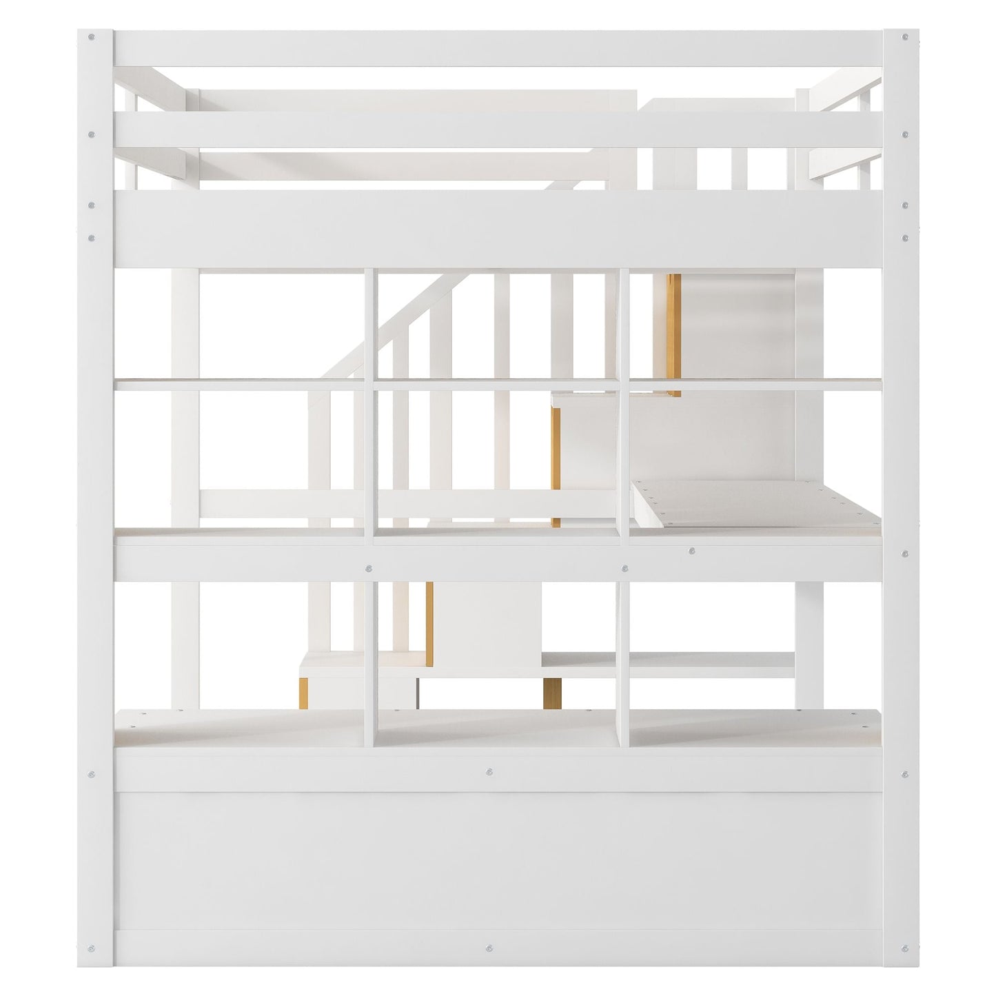 Space-Saving Full Wood Loft Bed with Desk, Shelves, Drawers, Storage Staircase, White and Natural | Just Better Bunk Beds