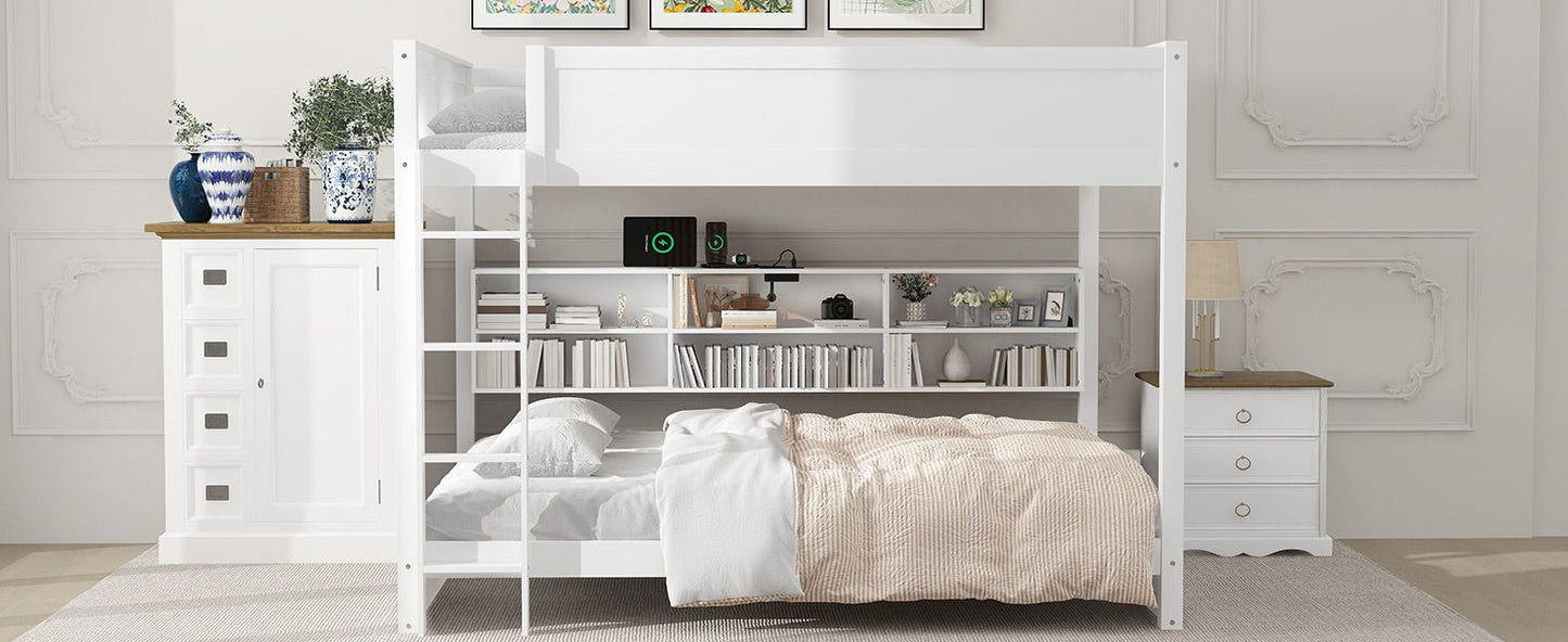 Shared Room Solution Queen Over Queen Wood Bunk Bed with Storage and USB Ports, White | Just Better Bunk Beds
