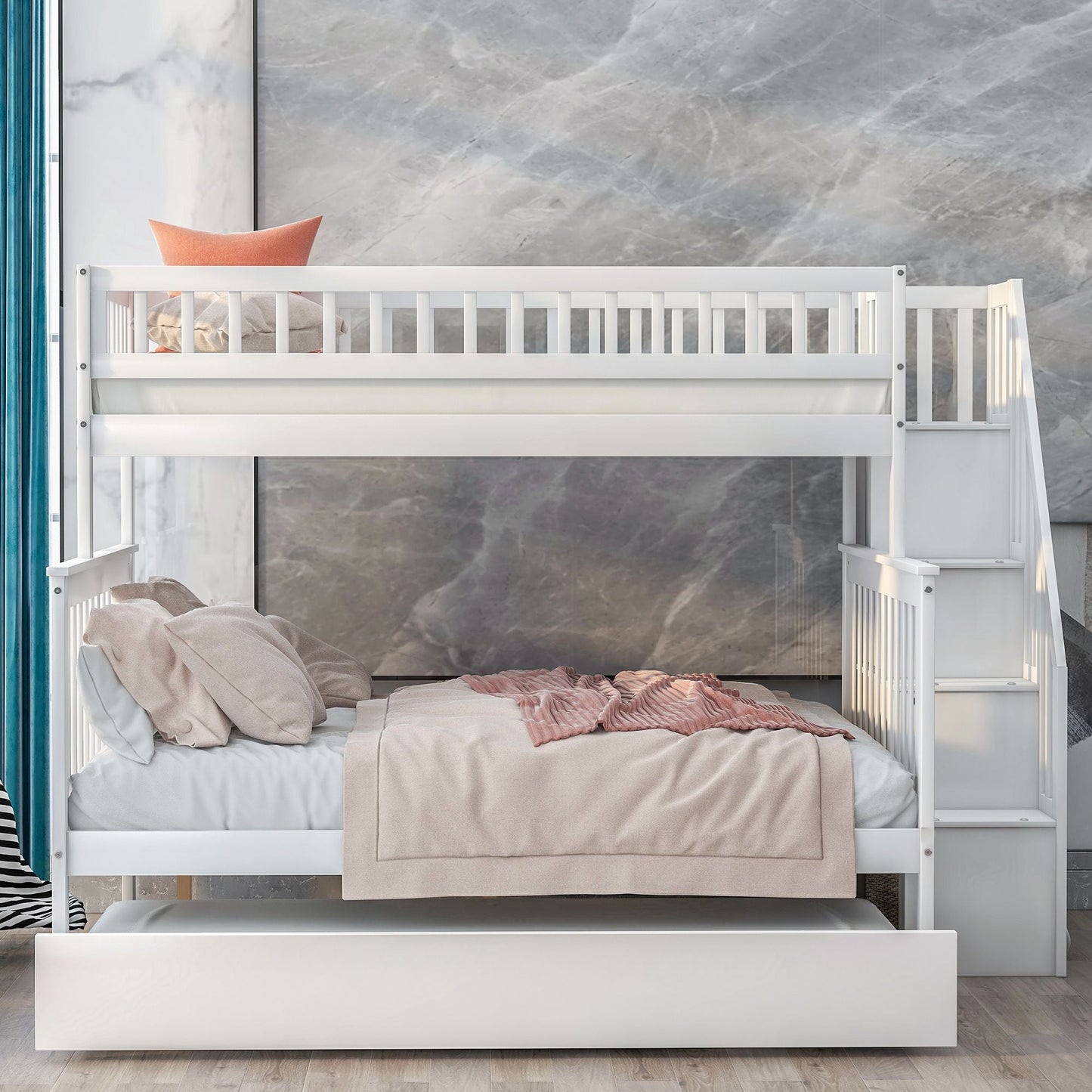 Shared Room Solution Twin Over Full Wood Bunk Bed with Trundle and Staircase, White | Just Better Bunk Beds