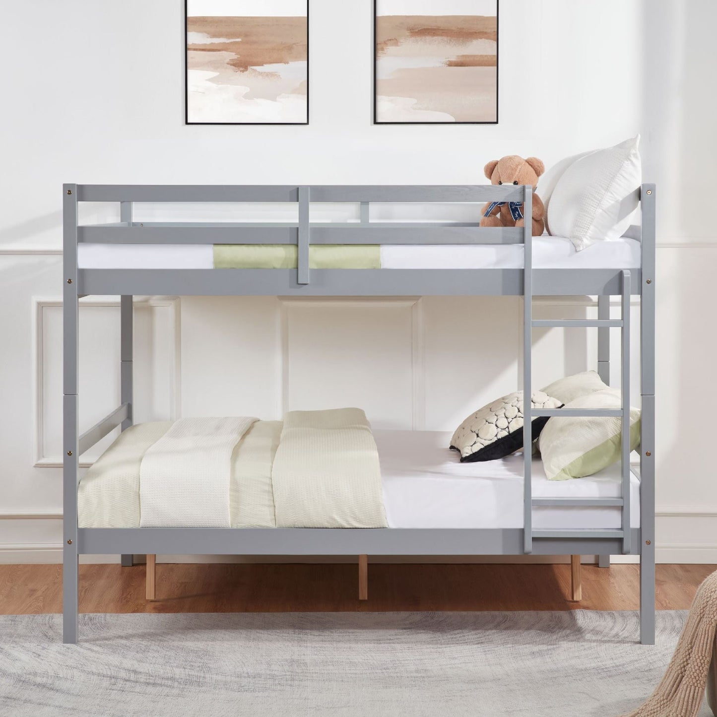 Space-Saving Full Over Full Wood Bunk Bed, Gray with Ladder and High Guardrail | Just Better Bunk Beds