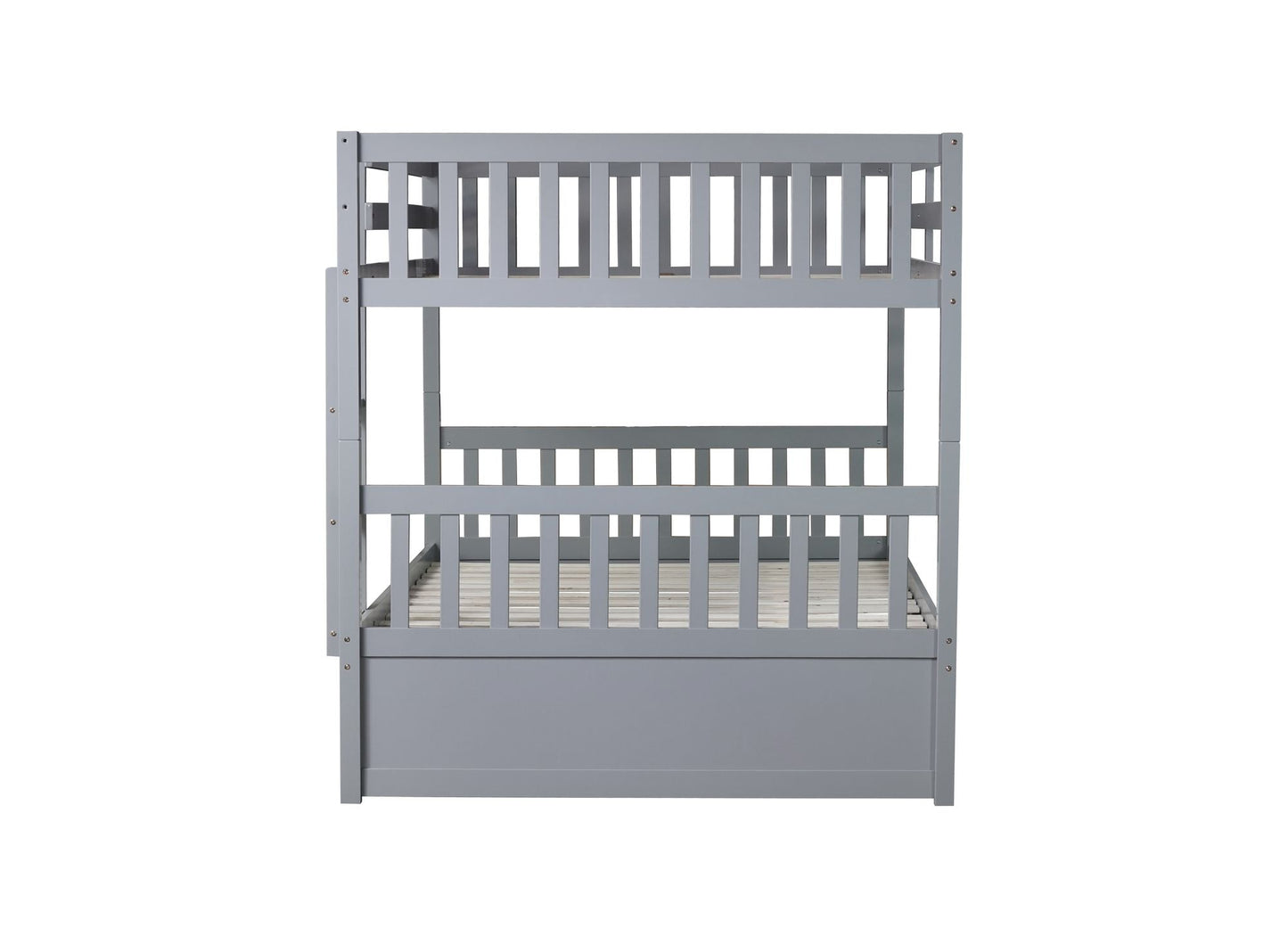 Convertible Full Over Full Rubber Wood Bunk Bed with Trundle, Ladder, and Guardrails, Gray | Just Better Bunk Beds