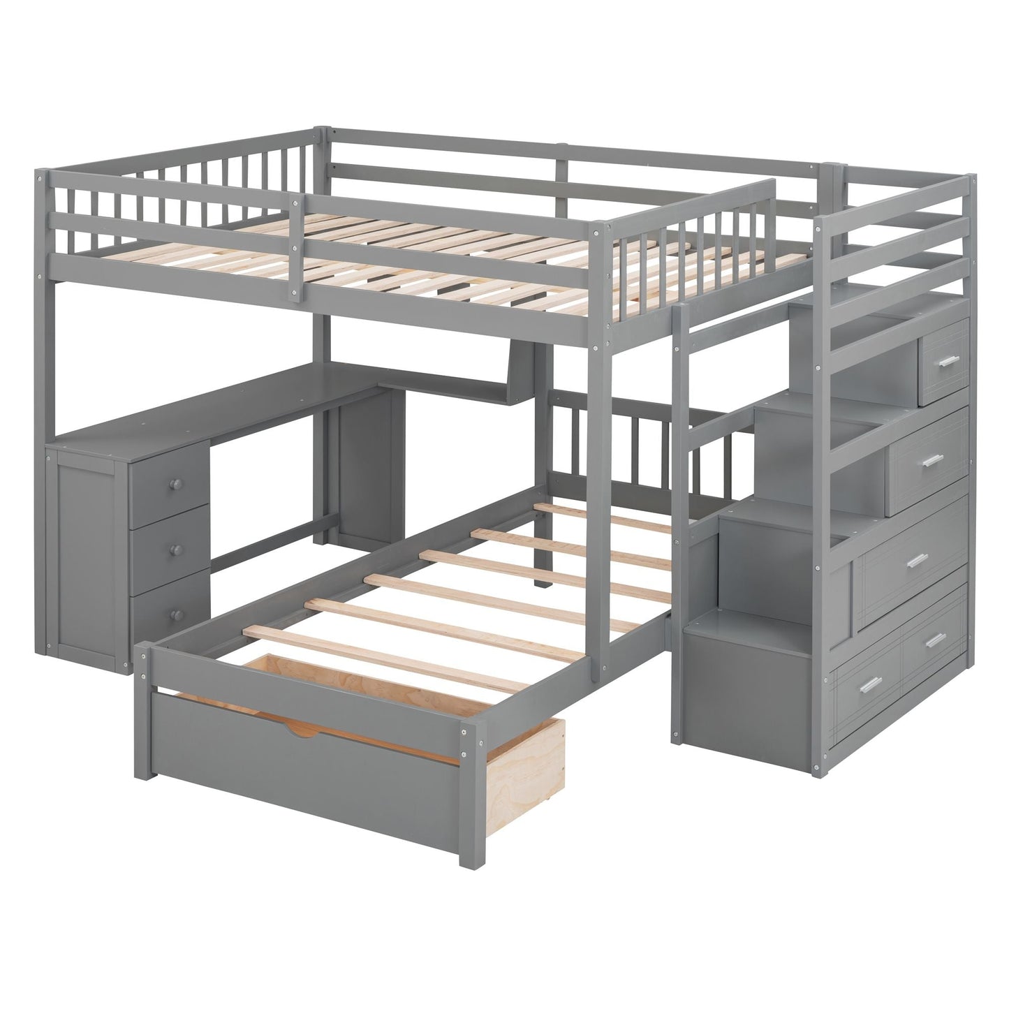 Shared Room Solution Full Over Twin Wood Bunk Bed with Desk, Drawers and Shelves, Gray | Just Better Bunk Beds