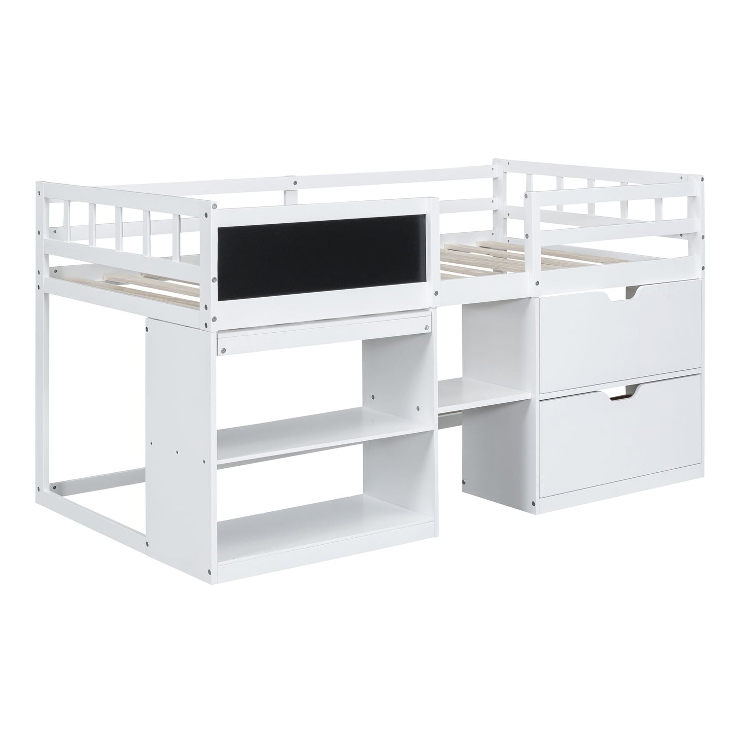 Space-Saving Twin Low Loft Wood Bed with Rolling Desk, Shelf, Drawers, White | Just Better Bunk Beds