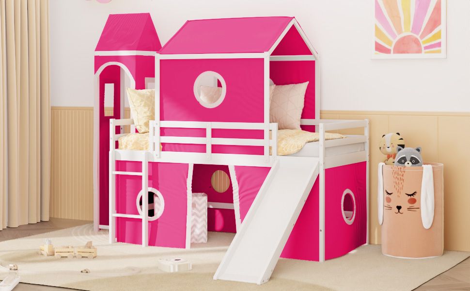 Kids Bedroom Twin Loft Bed with Slide, Pink Tent and Tower, Pink Wood | Just Better Bunk Beds