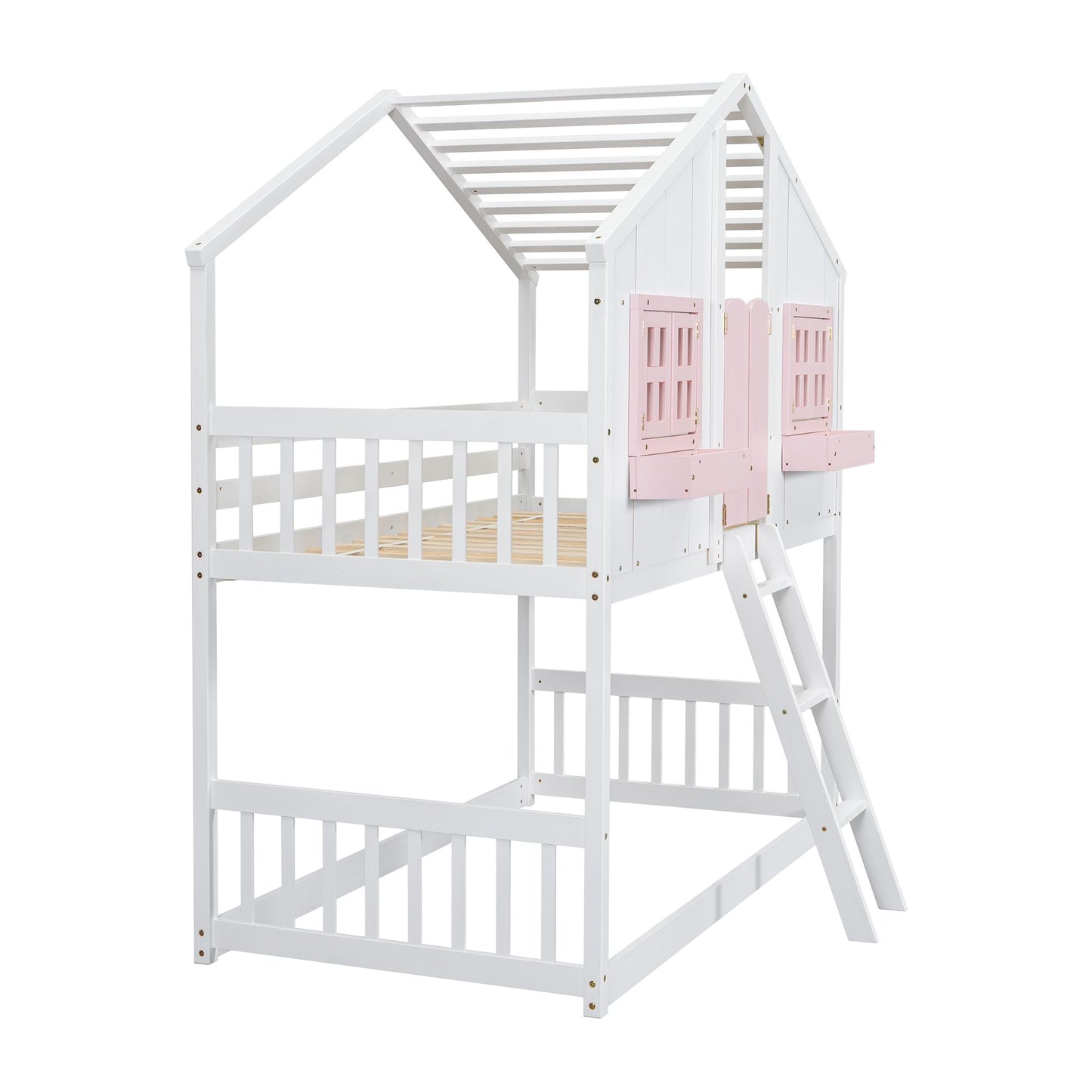 House-Style Twin Over Twin Wood Bunk Bed with Roof, Window, Door, and Ladder, Multiple Colors | Just Better Bunk Beds