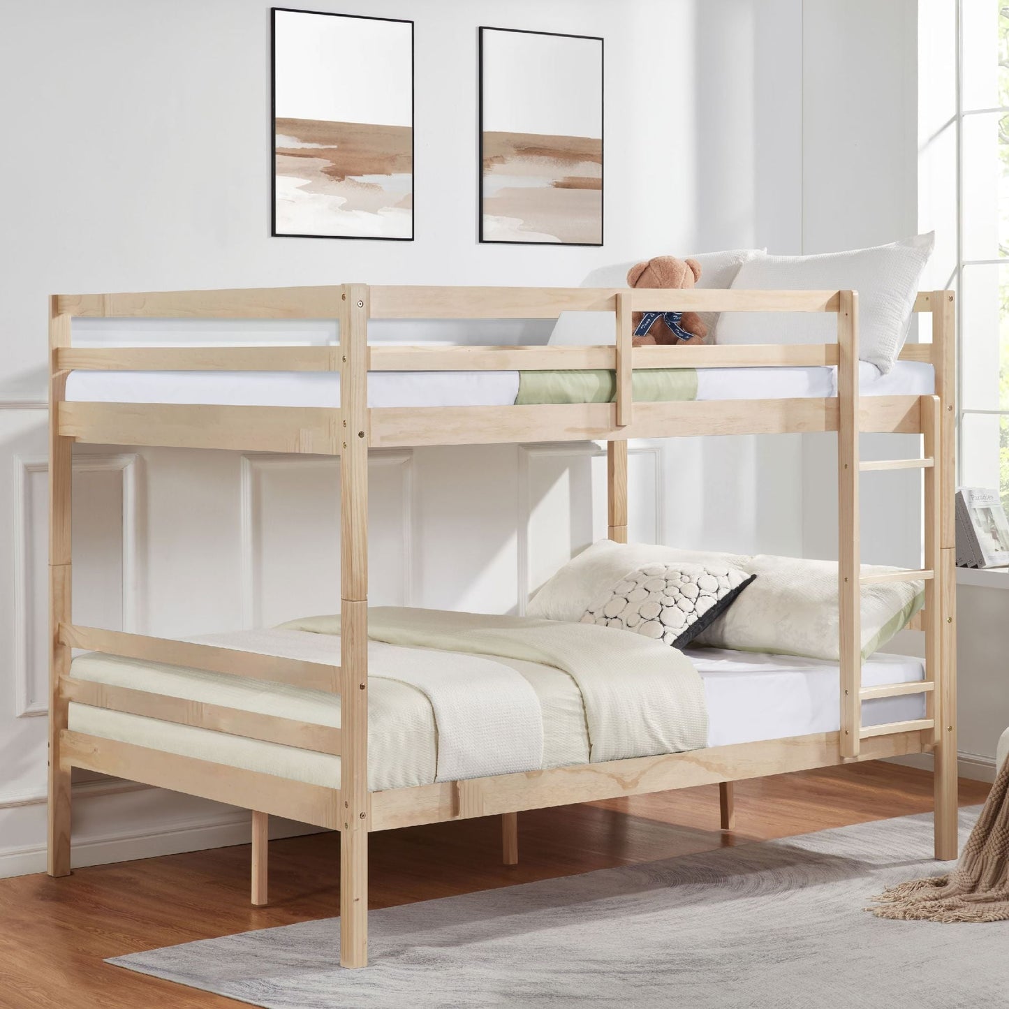 Dorm Room Full Over Full Wood Bunk Bed with Ladder and Guardrail, Natural | Just Better Bunk Beds
