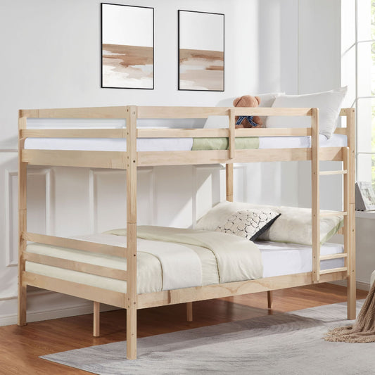 Dorm Room Full Over Full Wood Bunk Bed with Ladder and Guardrail, Natural | Just Better Bunk Beds