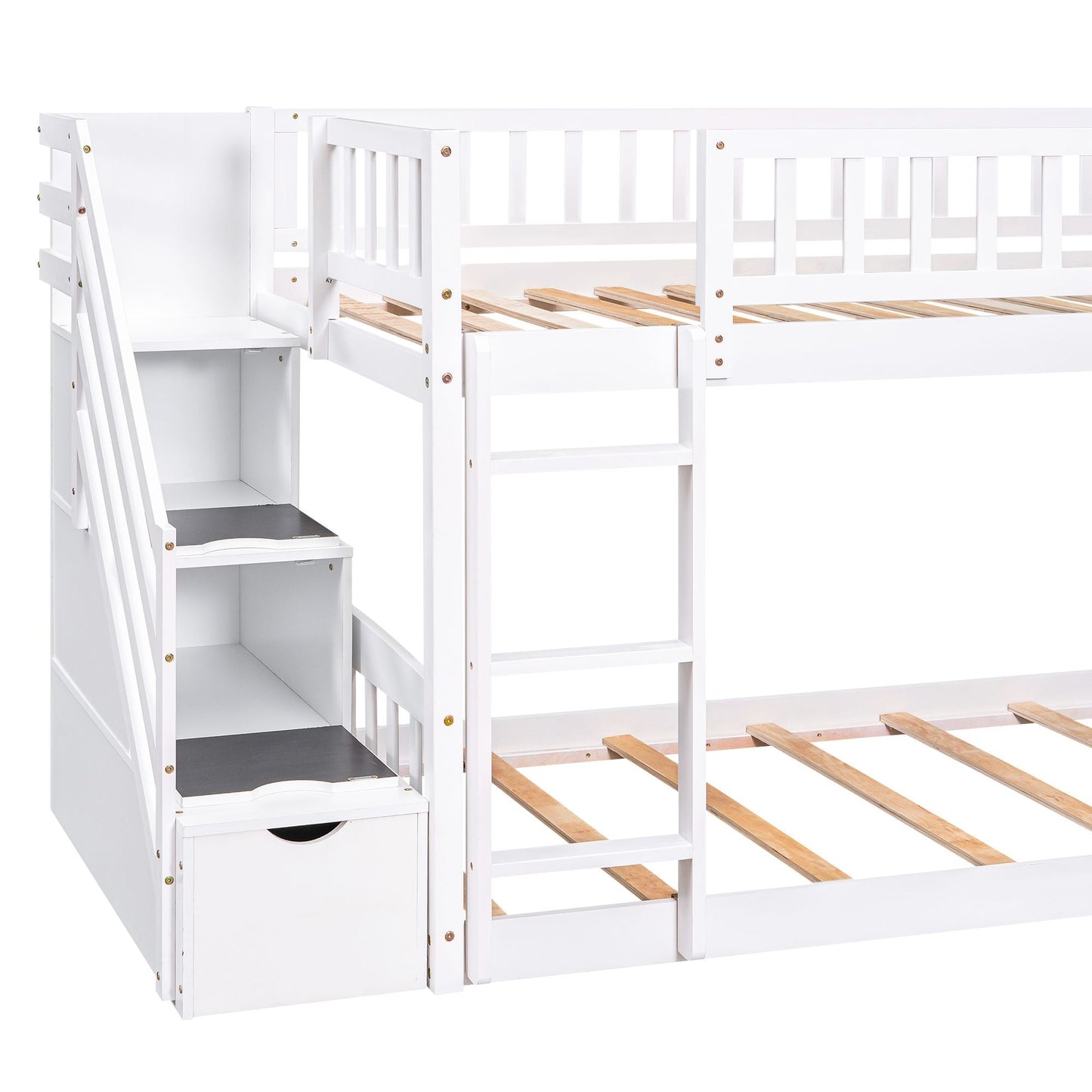 Stairway Twin over Twin Bunk Bed with Two Drawers and Slide,  White