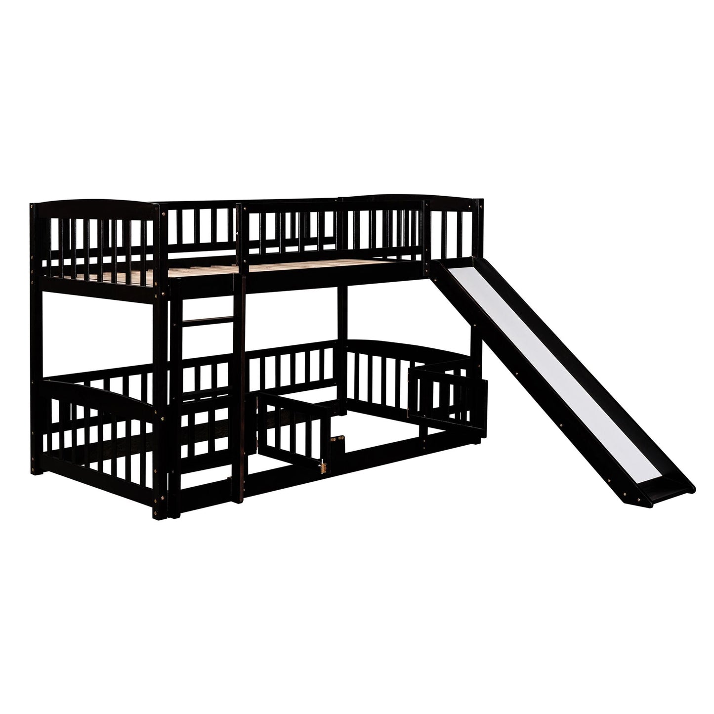 Safe Twin Over Twin Wood Low Bunk Bed with Slide, White with Fence and Ladder | Just Better Bunk Beds