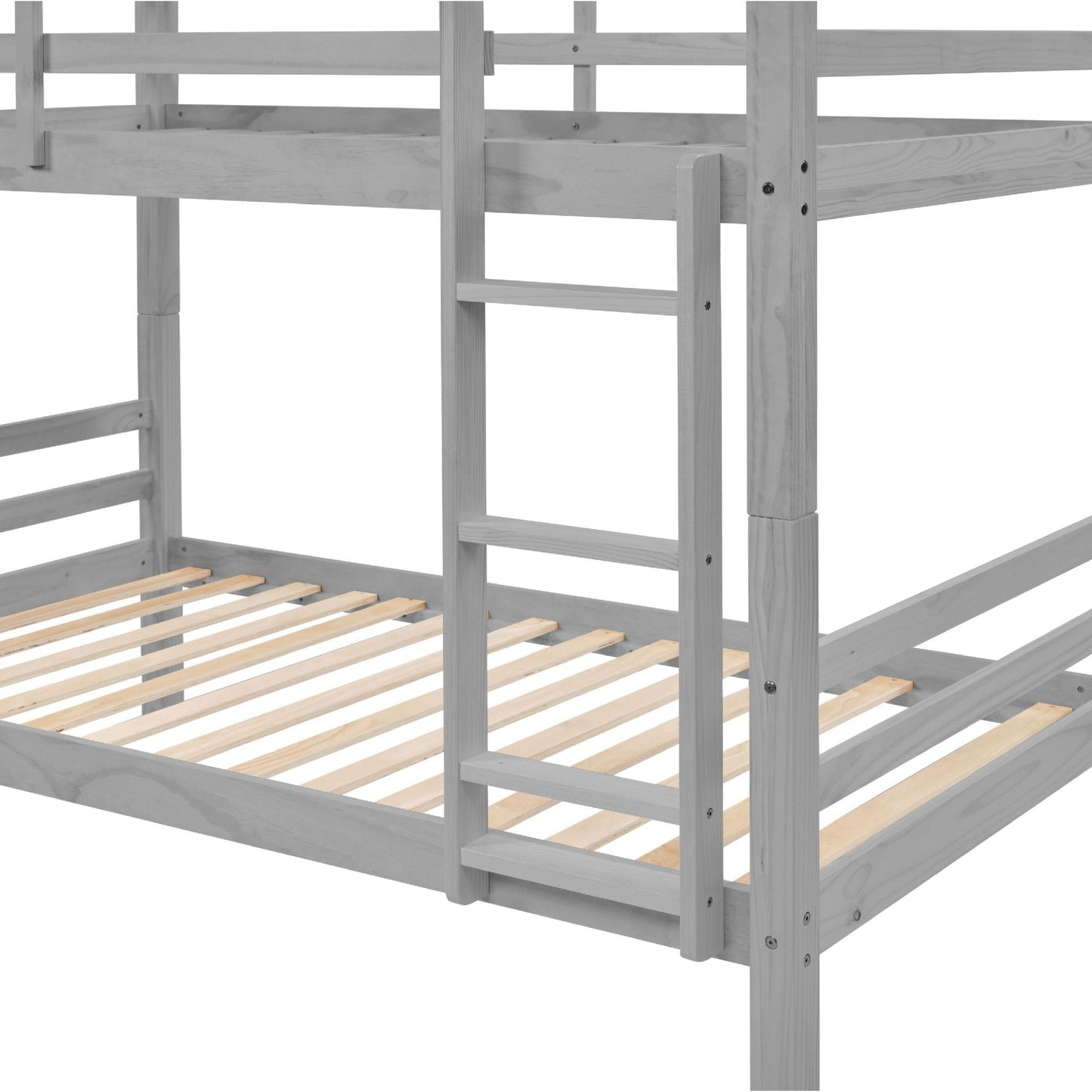 Heavy-Duty Twin Over Twin Wood Bunk Bed, Gray with Thick Posts, Ladder, and High Guardrail | Just Better Bunk Beds