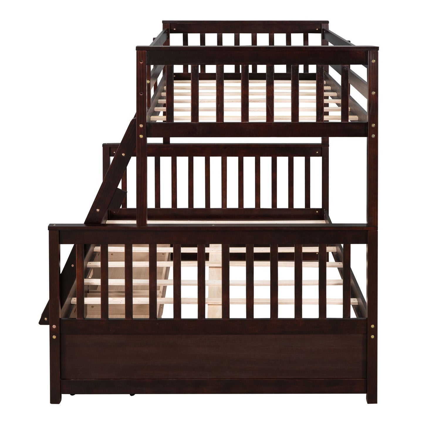 Heavy-Duty Twin Over Full Wood Bunk Bed with Ladder and Two Storage Drawers, Espresso | Just Better Bunk Beds
