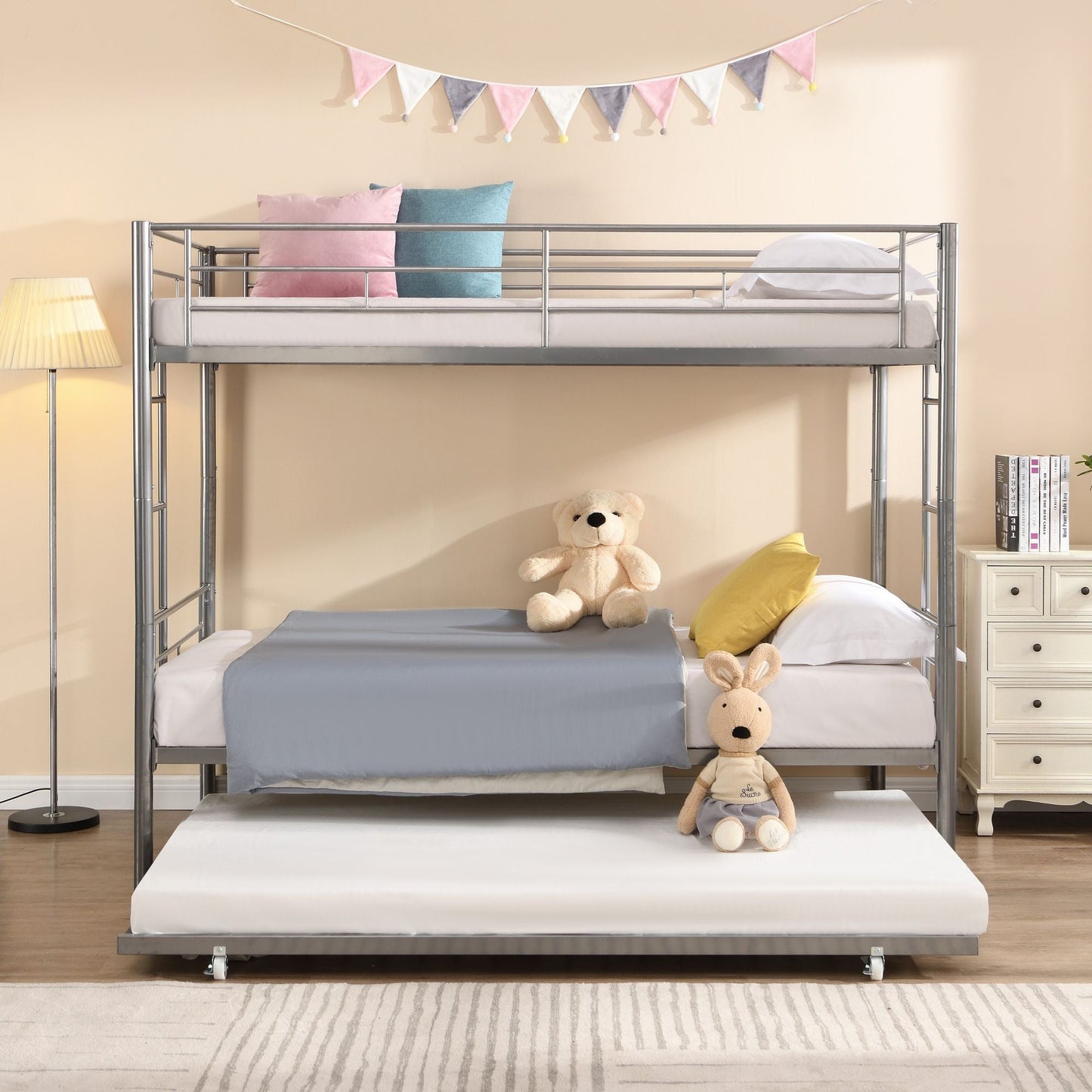 Heavy-Duty Twin Metal Bunk Bed with Trundle and Guard Rail, Multiple Colors | Just Better Bunk Beds